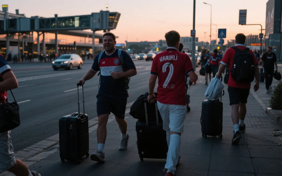 球迷在机场与城市间转场的世界杯观赛旅程氛围图