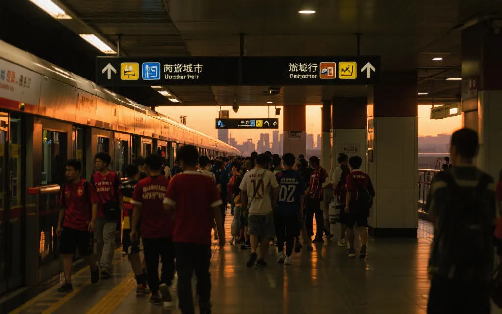 球迷在傍晚场赛前搭乘公共交通,车站指示清晰,人群有序